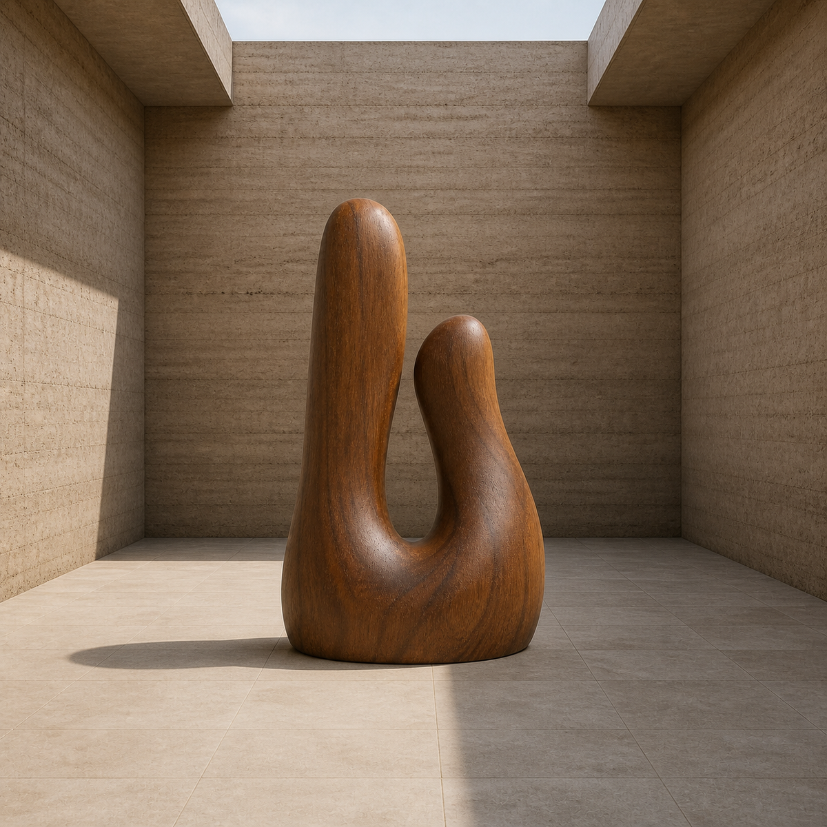 Paired Ascent, teak wood floor sculpture — interior view