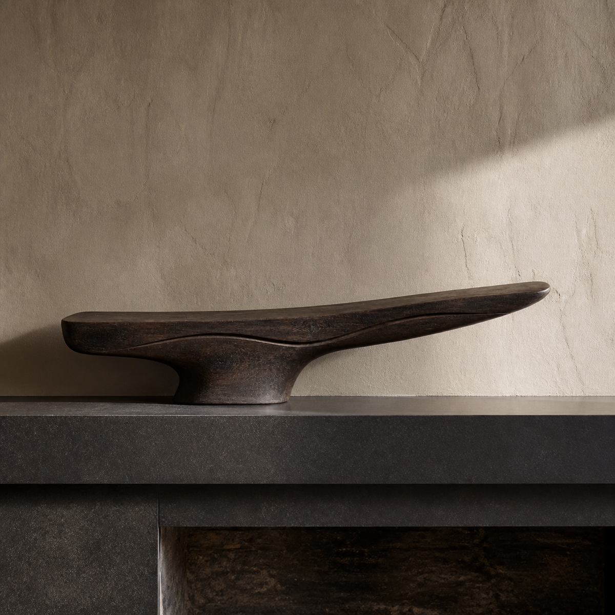 Lifted Current, teak wood console sculpture — interior view