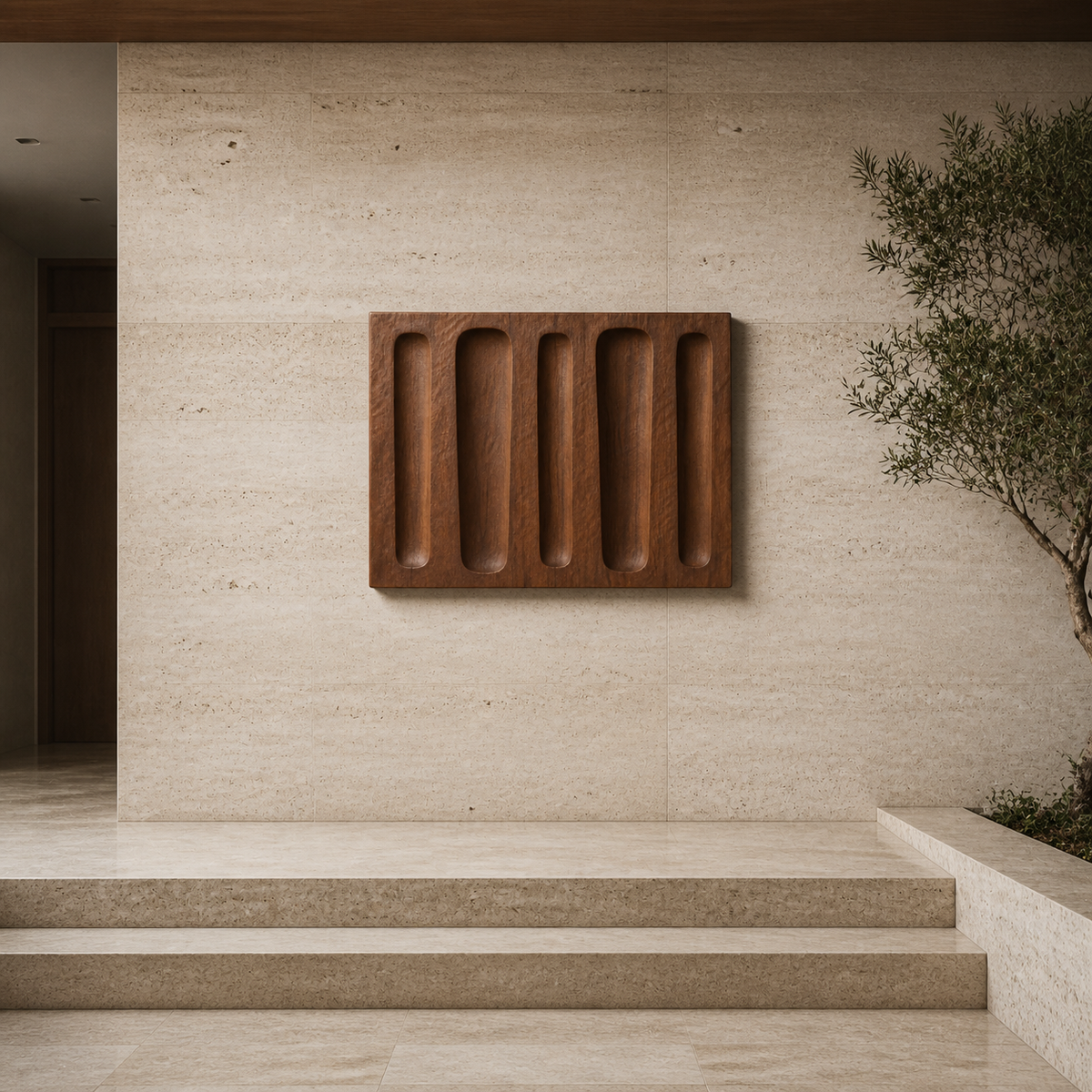 Groove Rhythm Relief, carved teak wood wall art — interior view