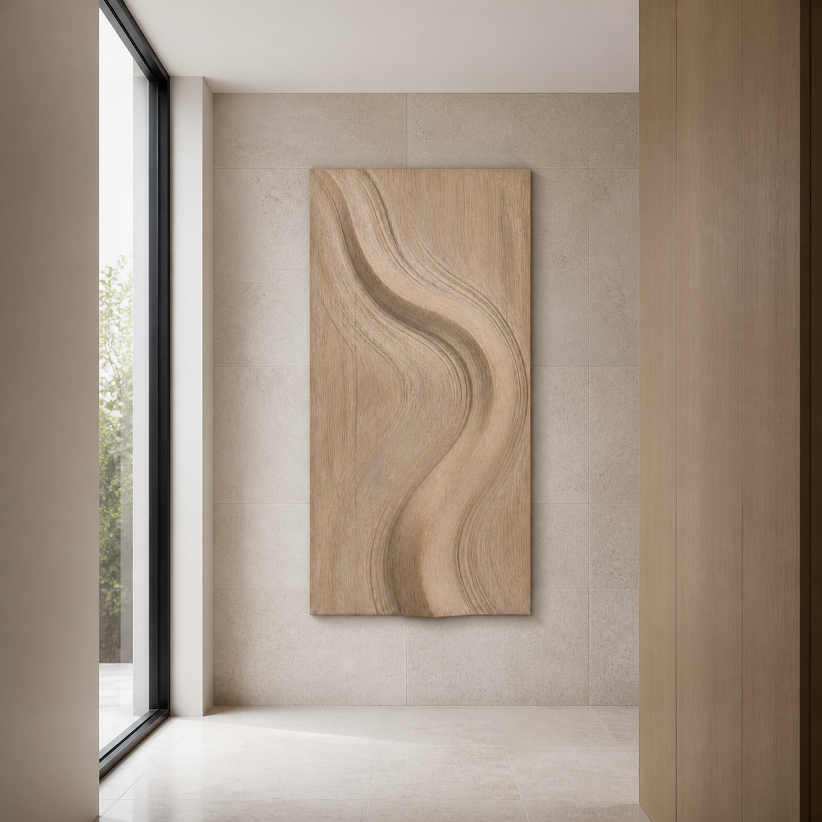 Folded Current Relief, carved teak wood wall art — interior view
