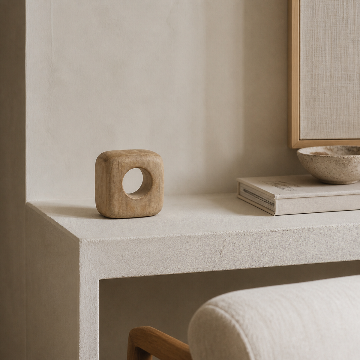 Void Cube Study, teak wood tabletop sculpture — interior view