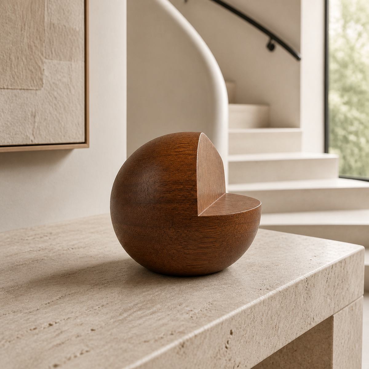 Notched Orb — Teak Tabletop Sculpture