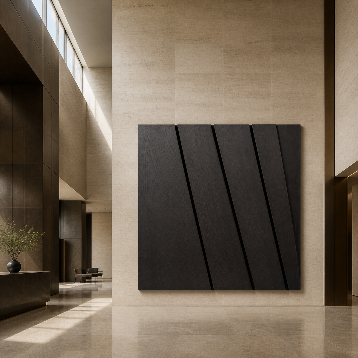 Fracture Field Relief, carved teak wood wall art — interior view