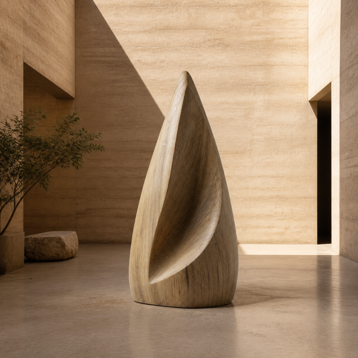 Folded Spire, teak wood floor sculpture — interior view