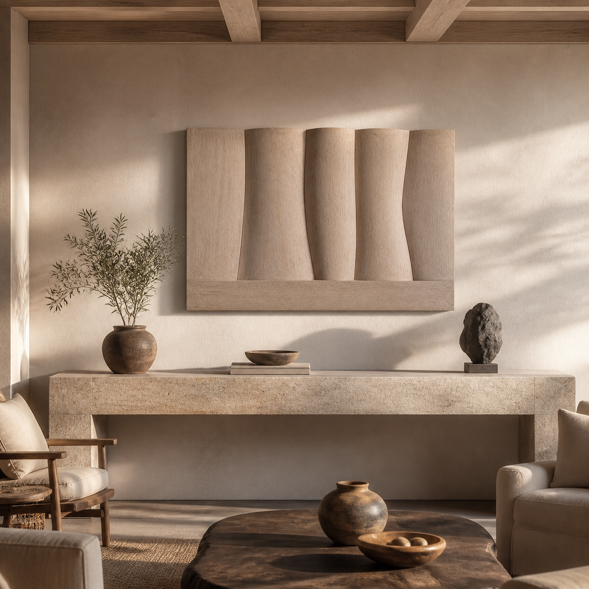 Dune Ledger Relief, carved teak wood wall art — interior view
