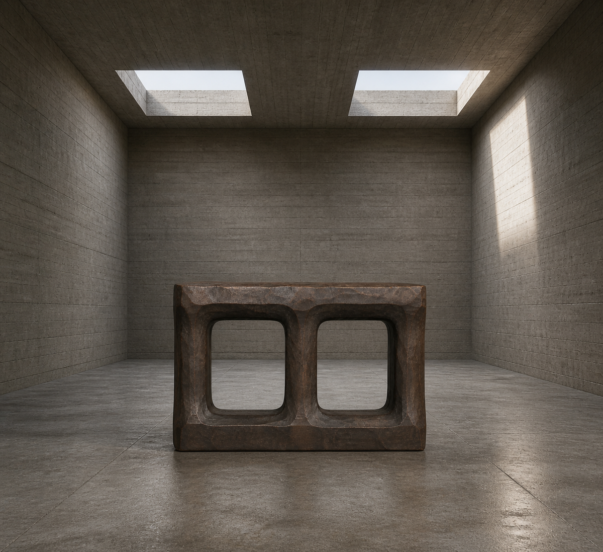 Stacked Threshold, teak wood console sculpture — interior view
