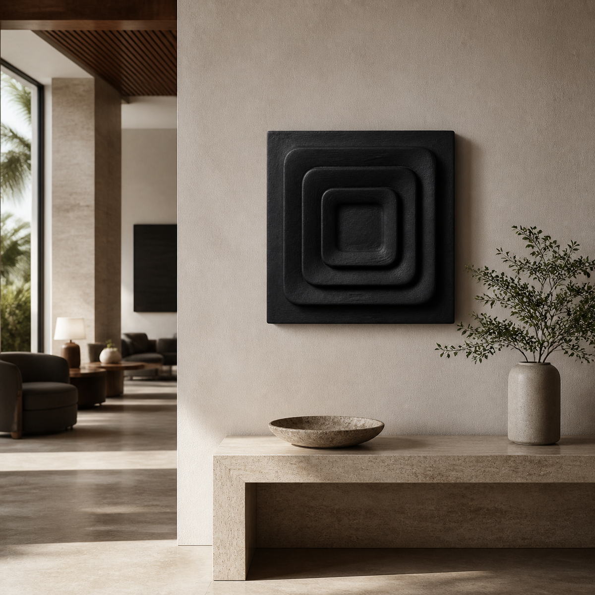 Tide Chamber Relief, carved teak wood wall art — interior view