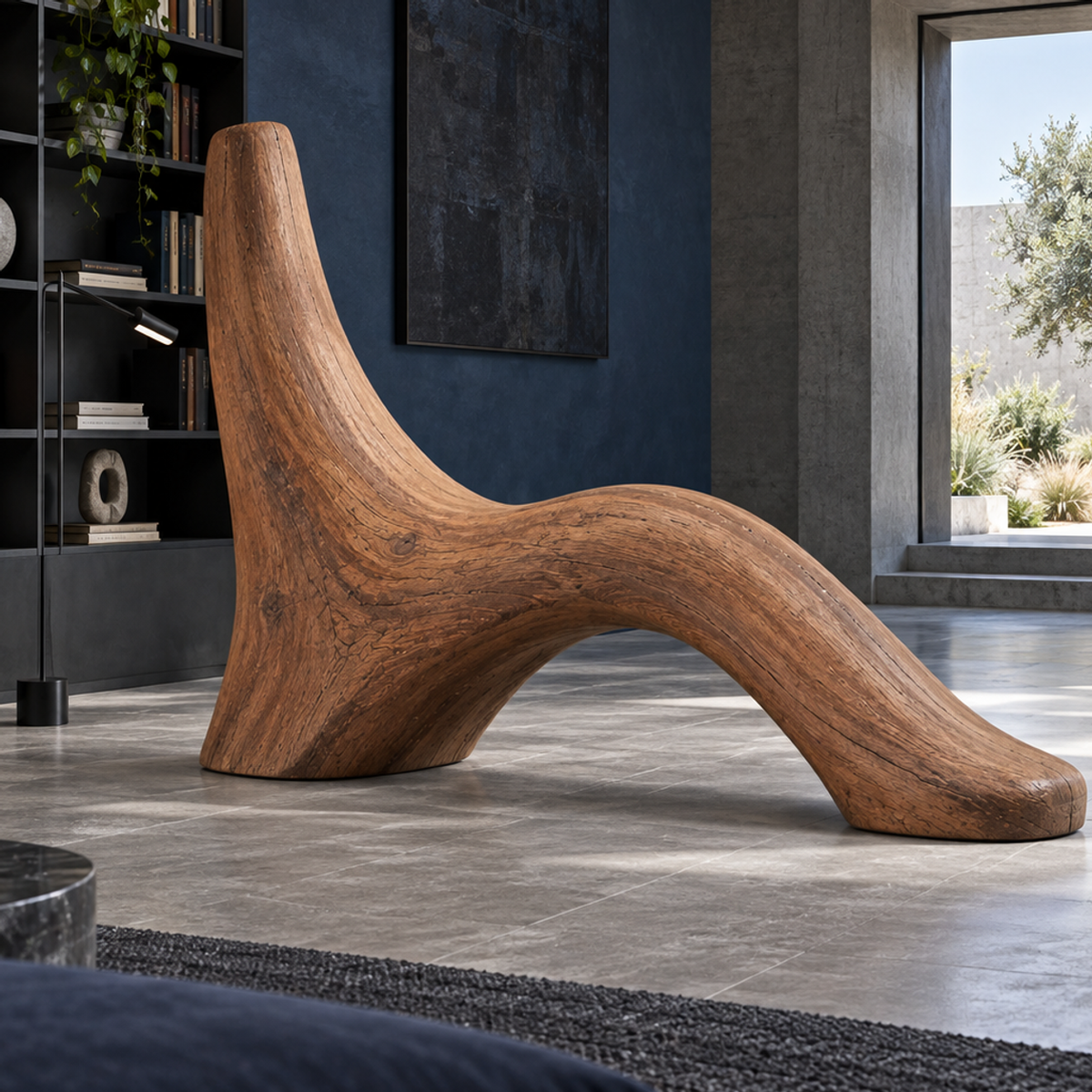 Wave Buttress, teak wood floor sculpture — interior view