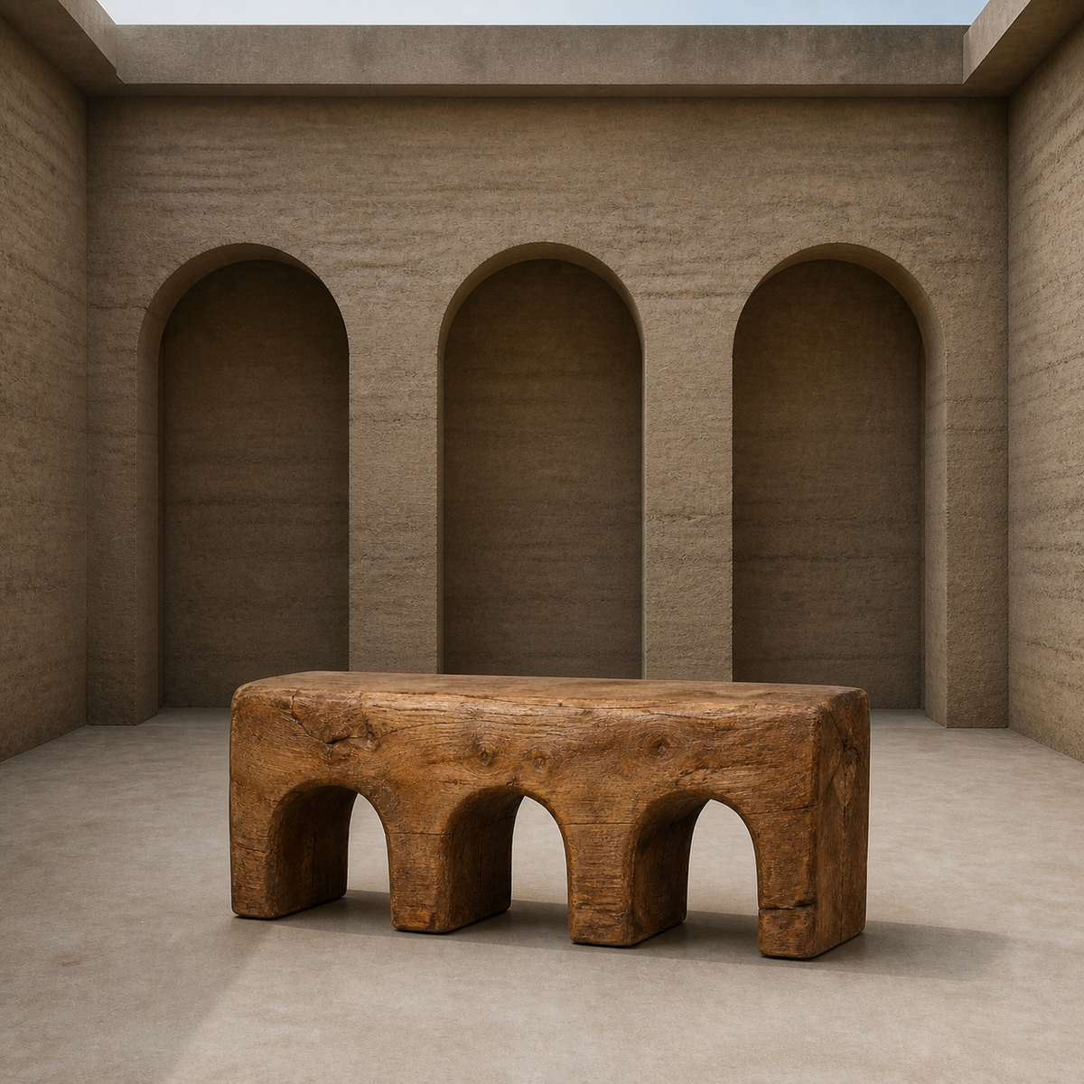 Triple Compression, teak wood console sculpture — interior view