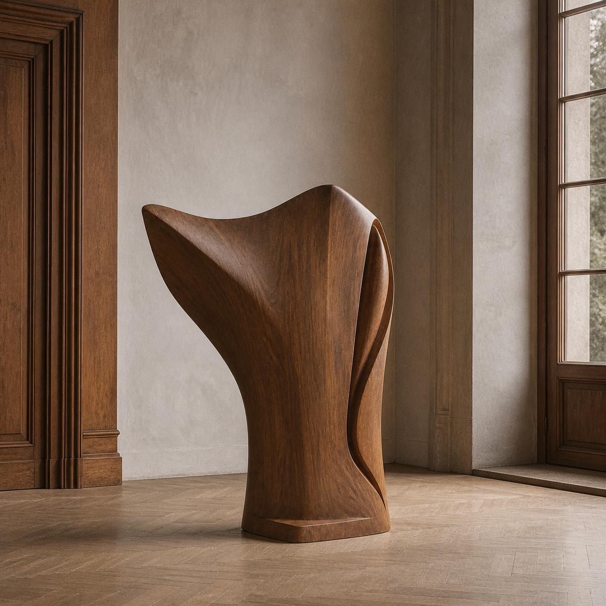 Compression Wing, teak wood floor sculpture — interior view