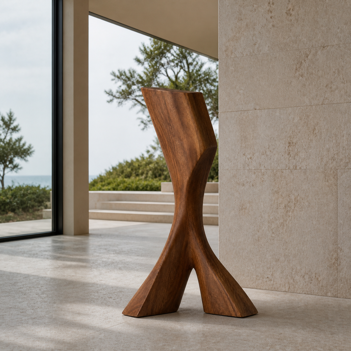 Splayed Axis — Teak Floor Sculpture