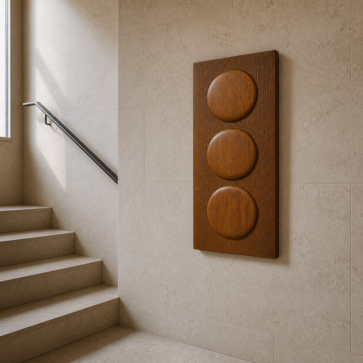 Stacked Halo Relief, carved teak wood wall art — interior view