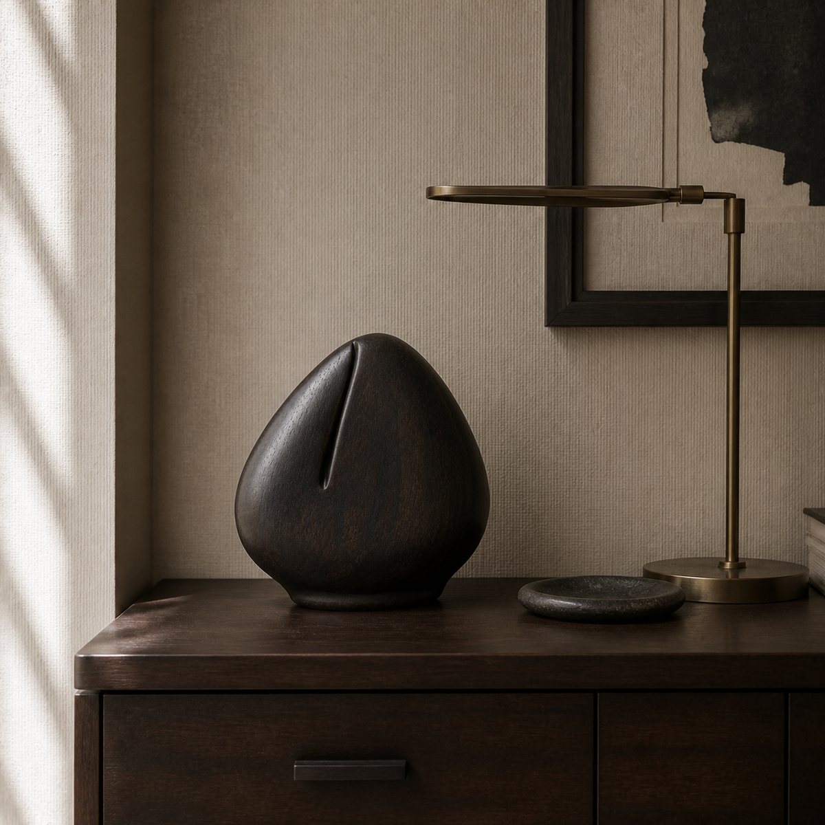 Tension Kernel, teak wood tabletop sculpture — interior view