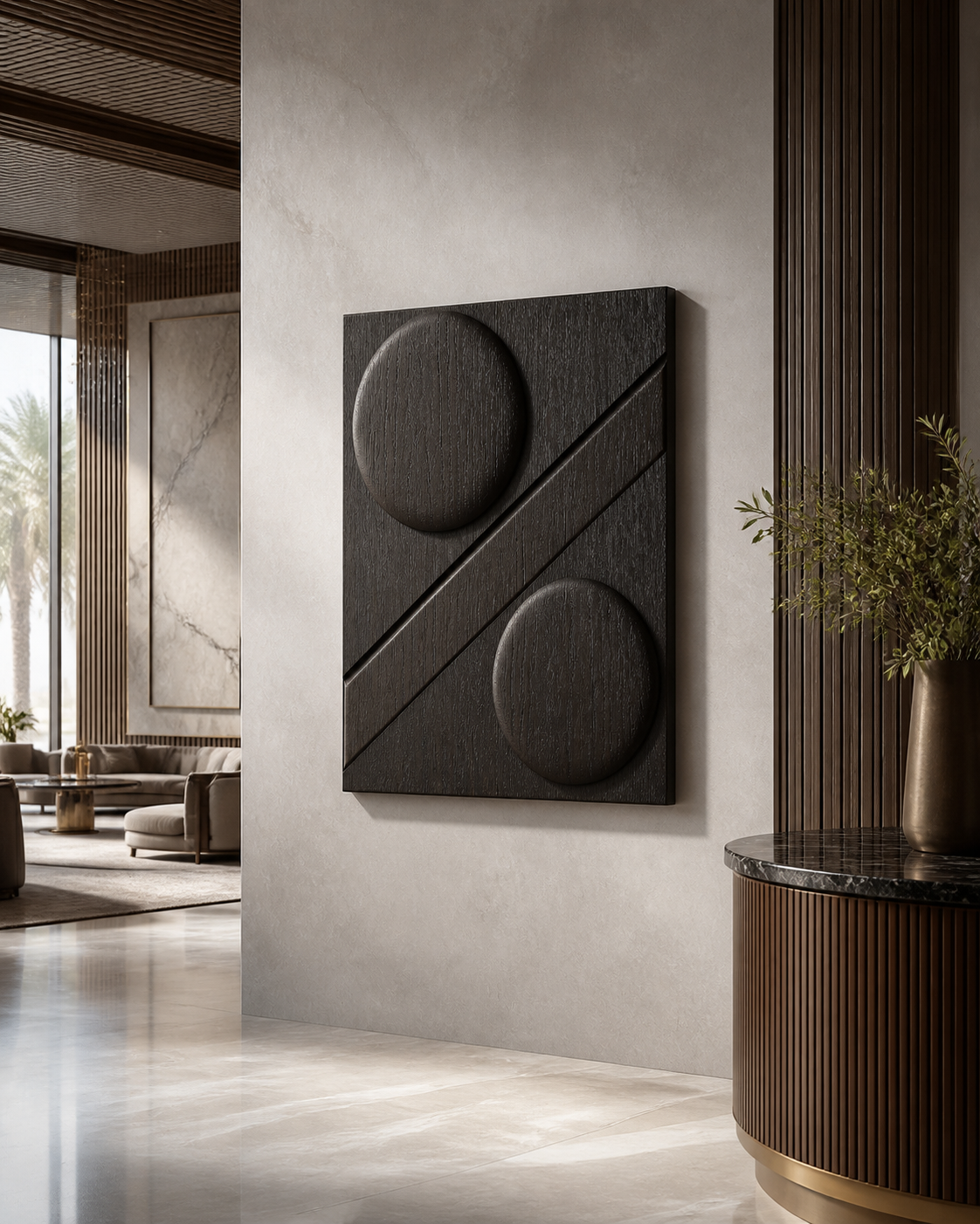Eclipse Cut Relief, carved teak wood wall art — interior view