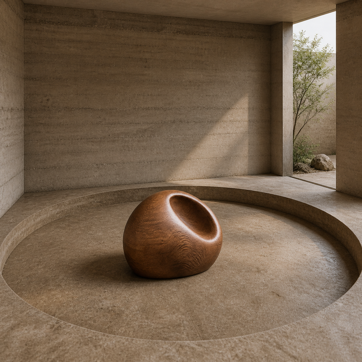 Tension Vessel, abstract teak wood sculpture — interior view