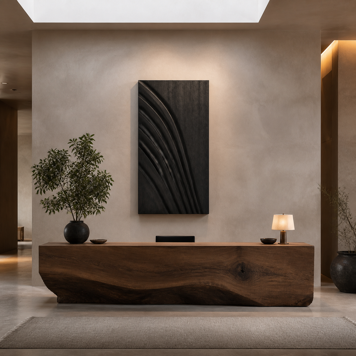 Rain Shadow Relief, carved teak wood wall art — interior view