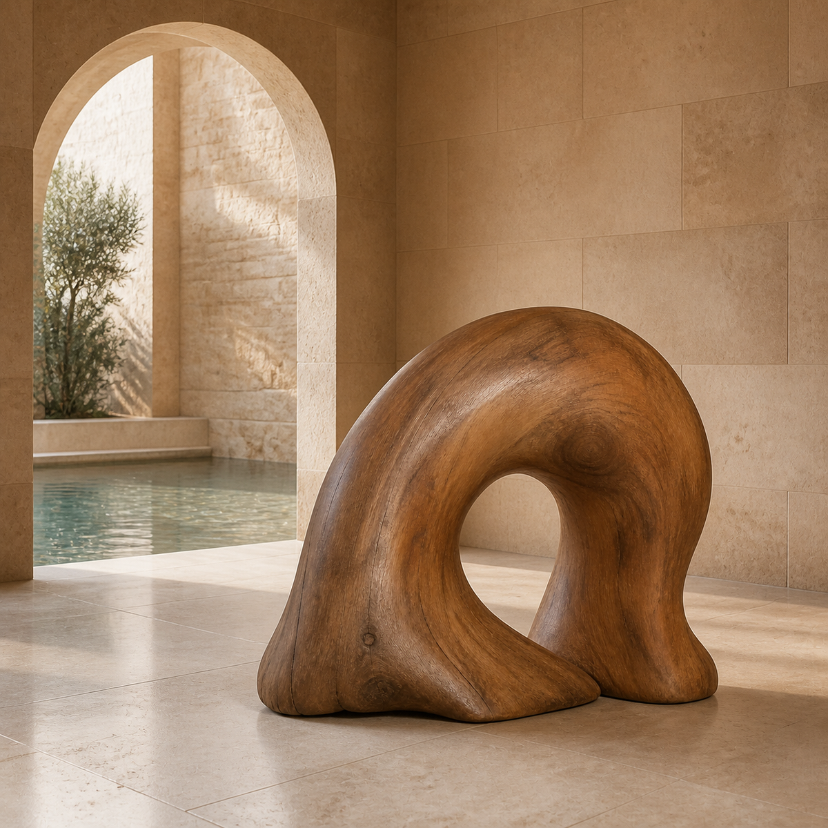 Rooted Arc, abstract teak wood sculpture — interior view