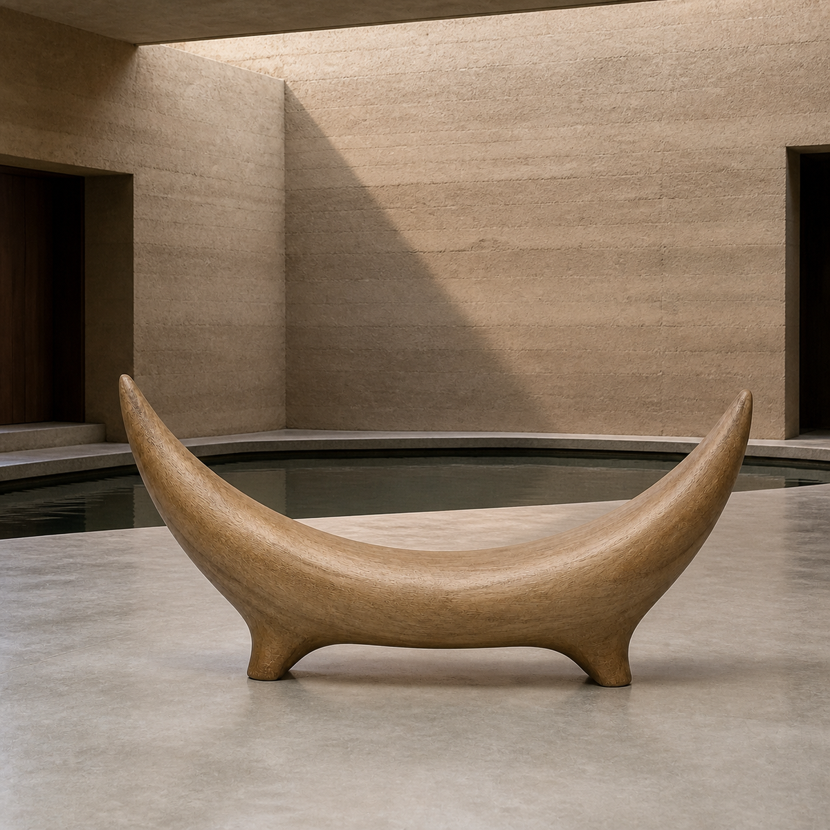 Bridged Crescent, teak wood console sculpture — interior view