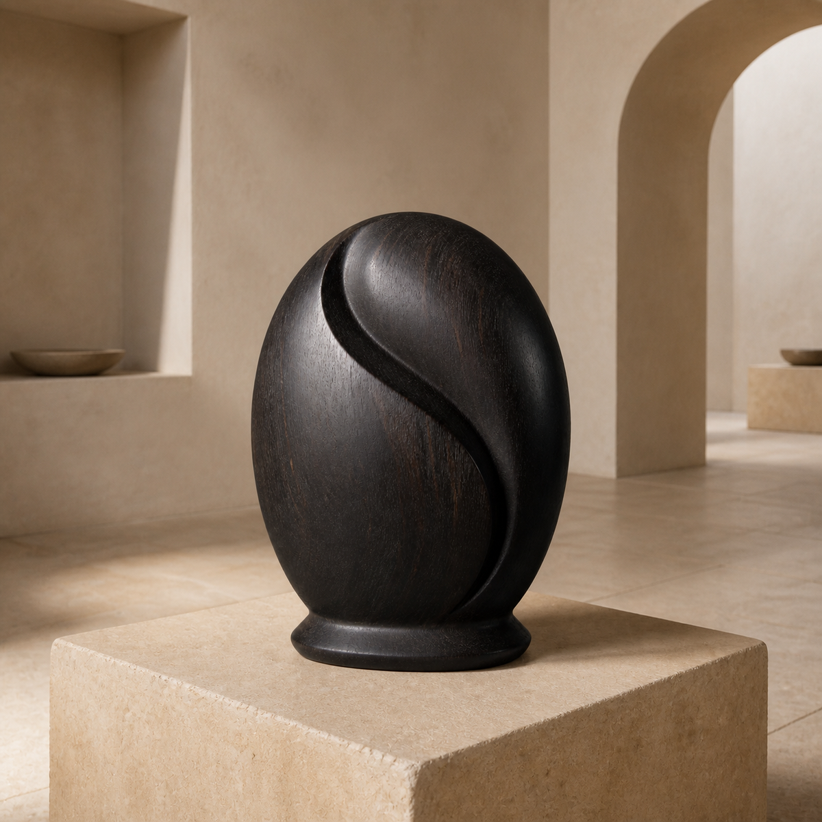 Folded Seed, abstract teak wood sculpture — interior view