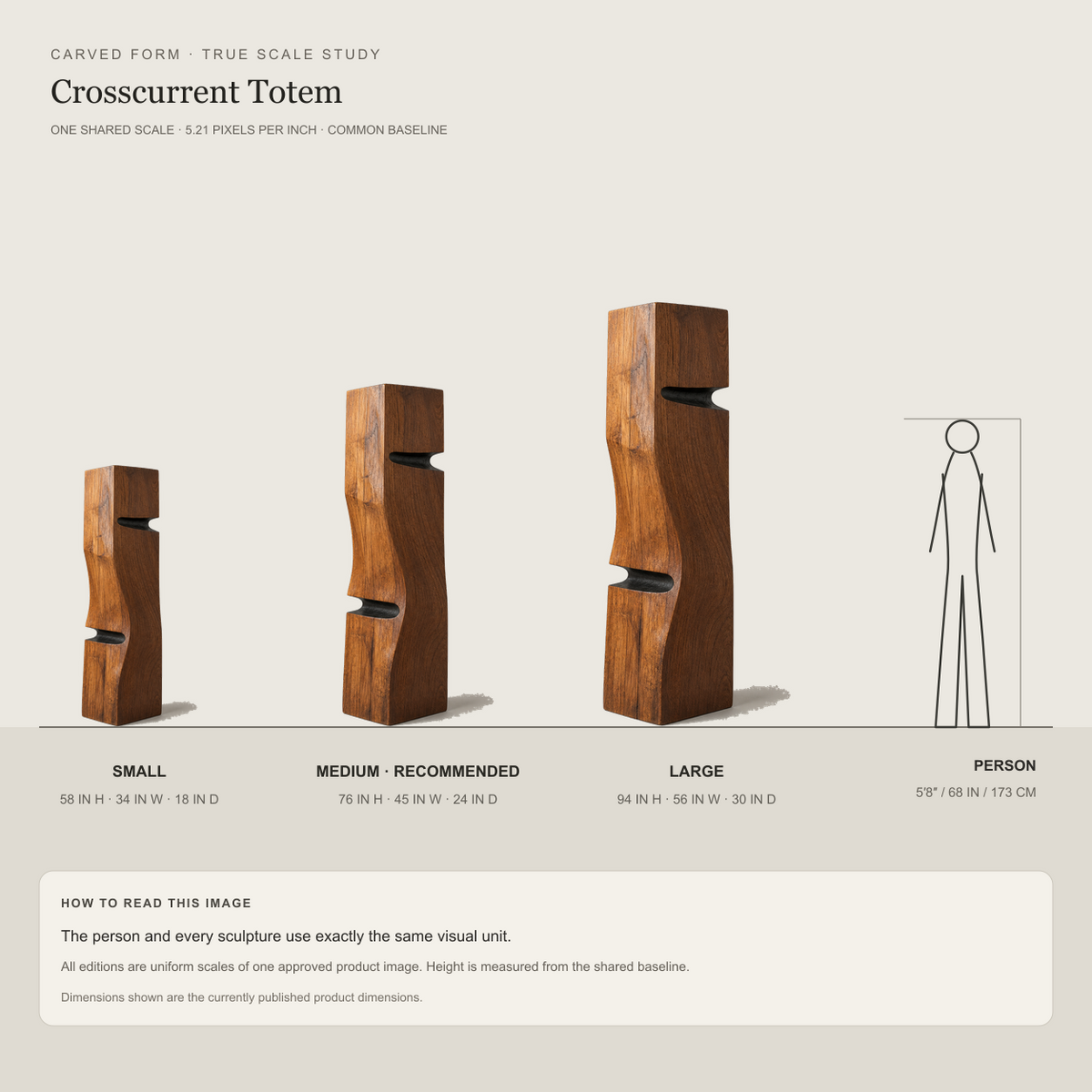 Crosscurrent Totem, teak wood floor sculpture — size and scale study