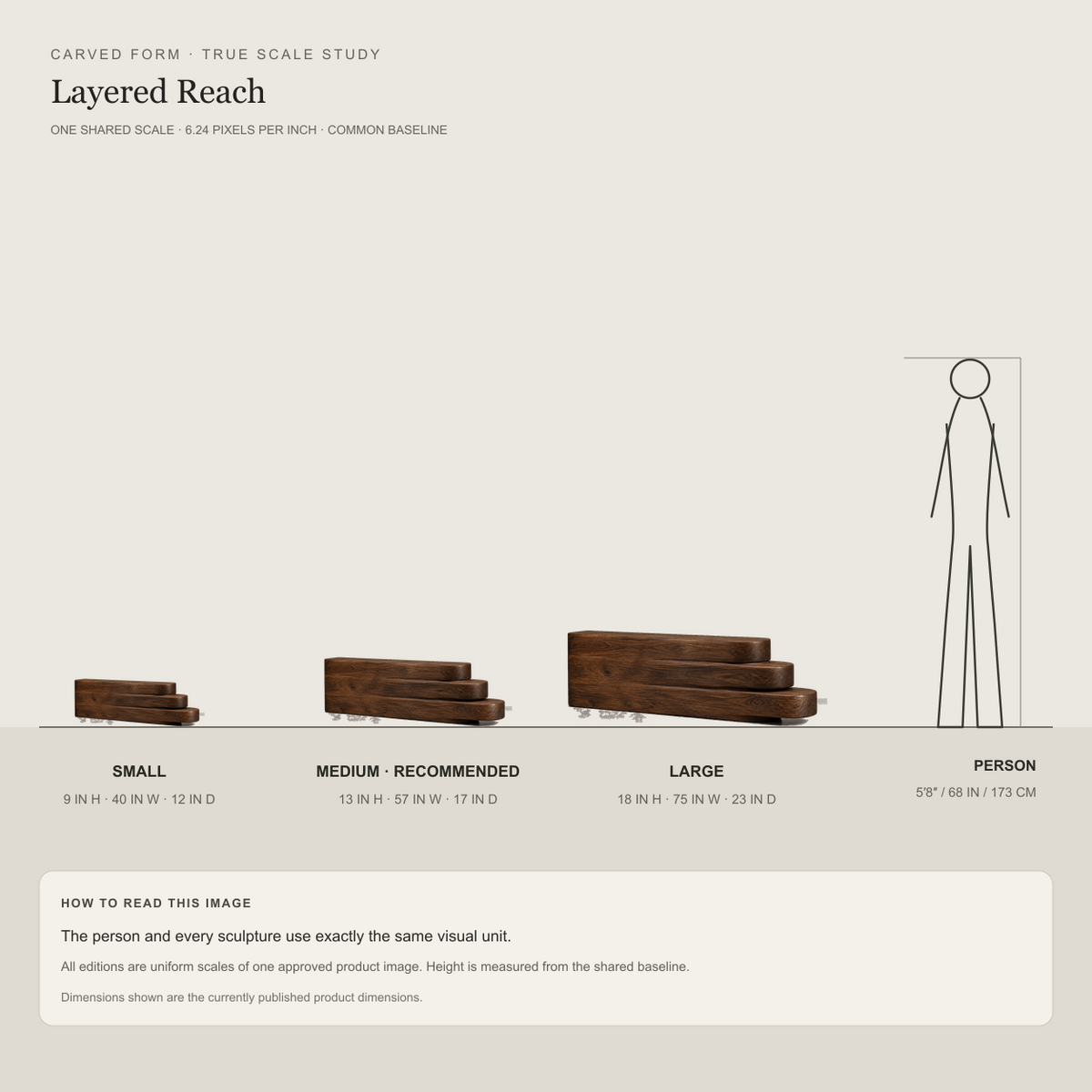 Layered Reach, teak wood console sculpture — size and scale study