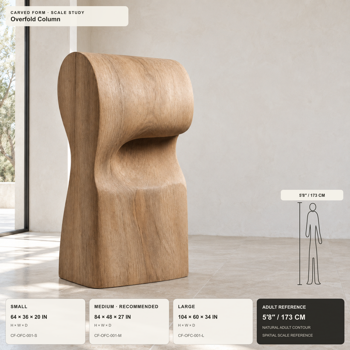 Overfold Column, teak wood floor sculpture — size and scale study