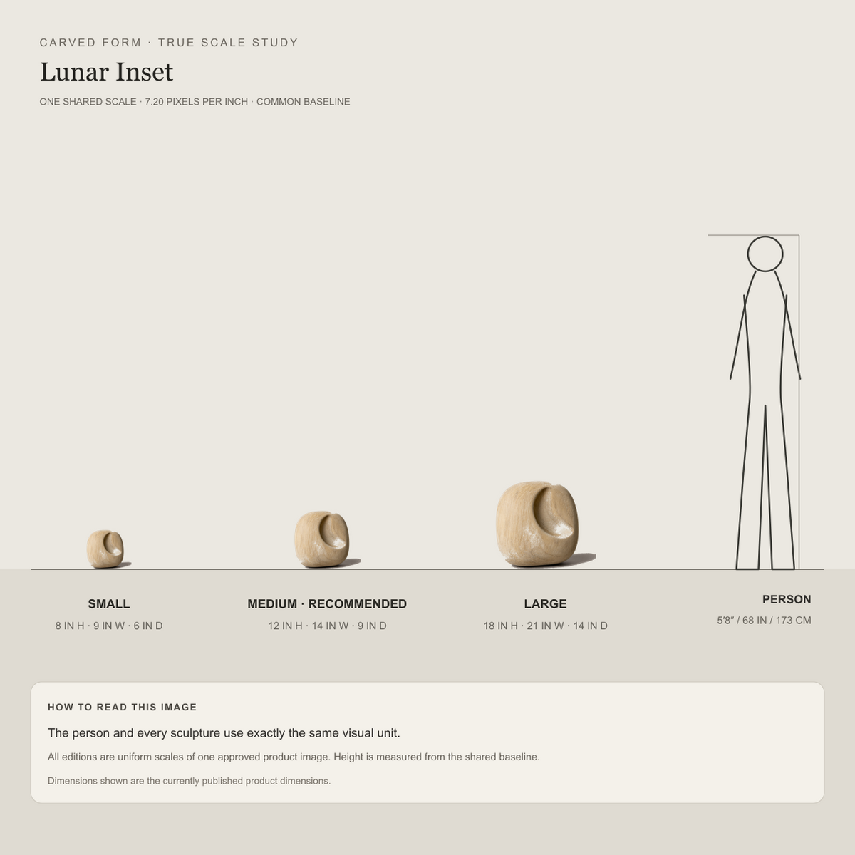 Lunar Inset, teak wood tabletop sculpture — size and scale study