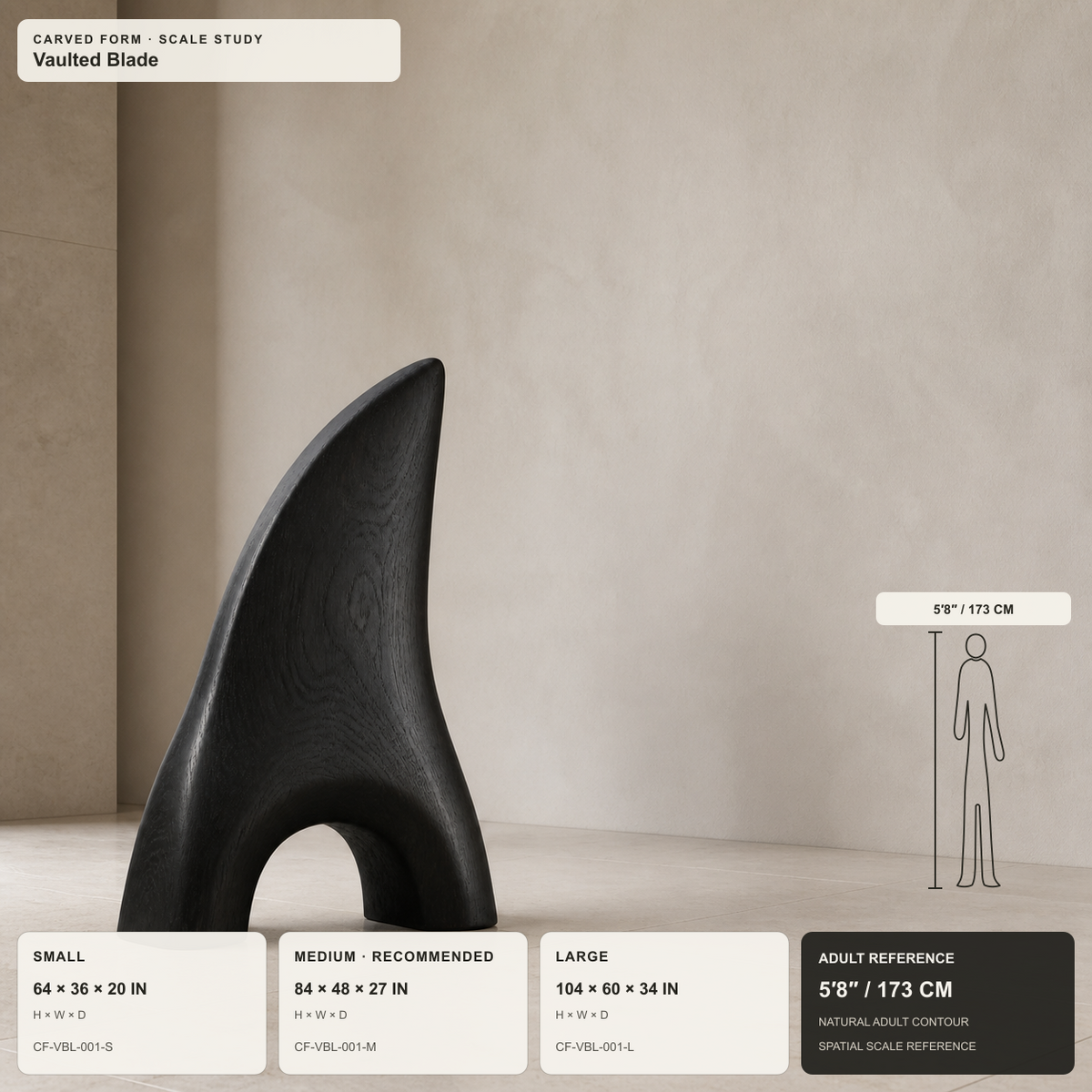 Vaulted Blade, teak wood floor sculpture — size and scale study