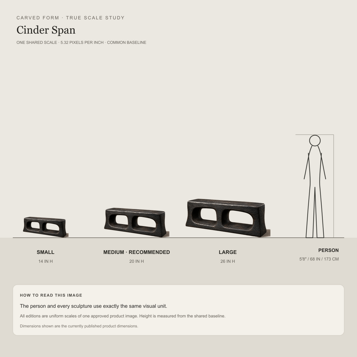 Cinder Span, teak wood console sculpture — size and scale study
