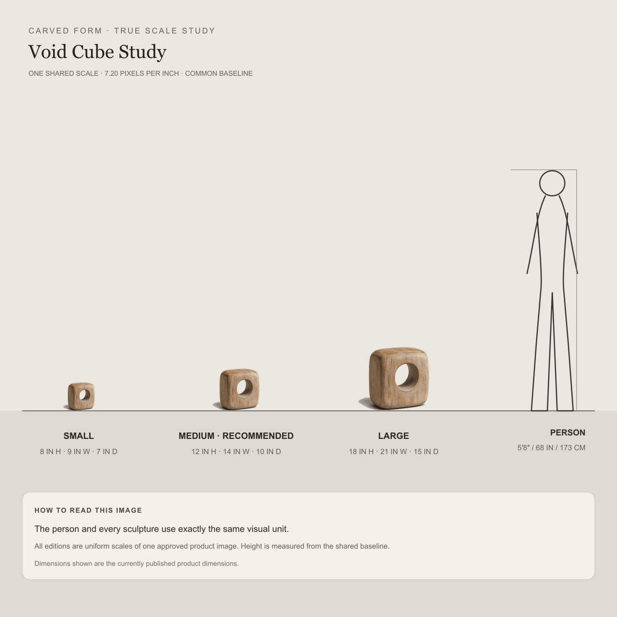 Void Cube Study, teak wood tabletop sculpture — size and scale study