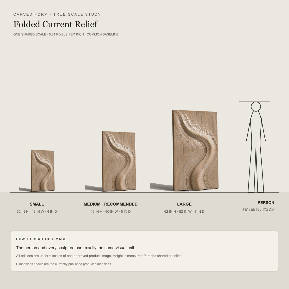 Folded Current Relief, carved teak wood wall art — size and scale study
