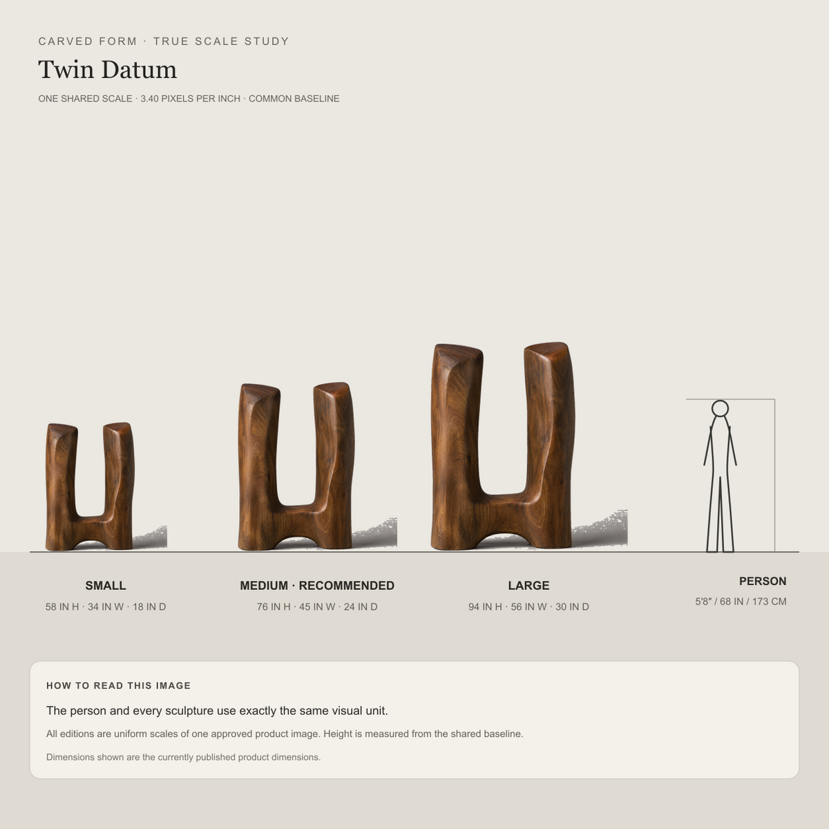Twin Datum, teak wood floor sculpture — size and scale study