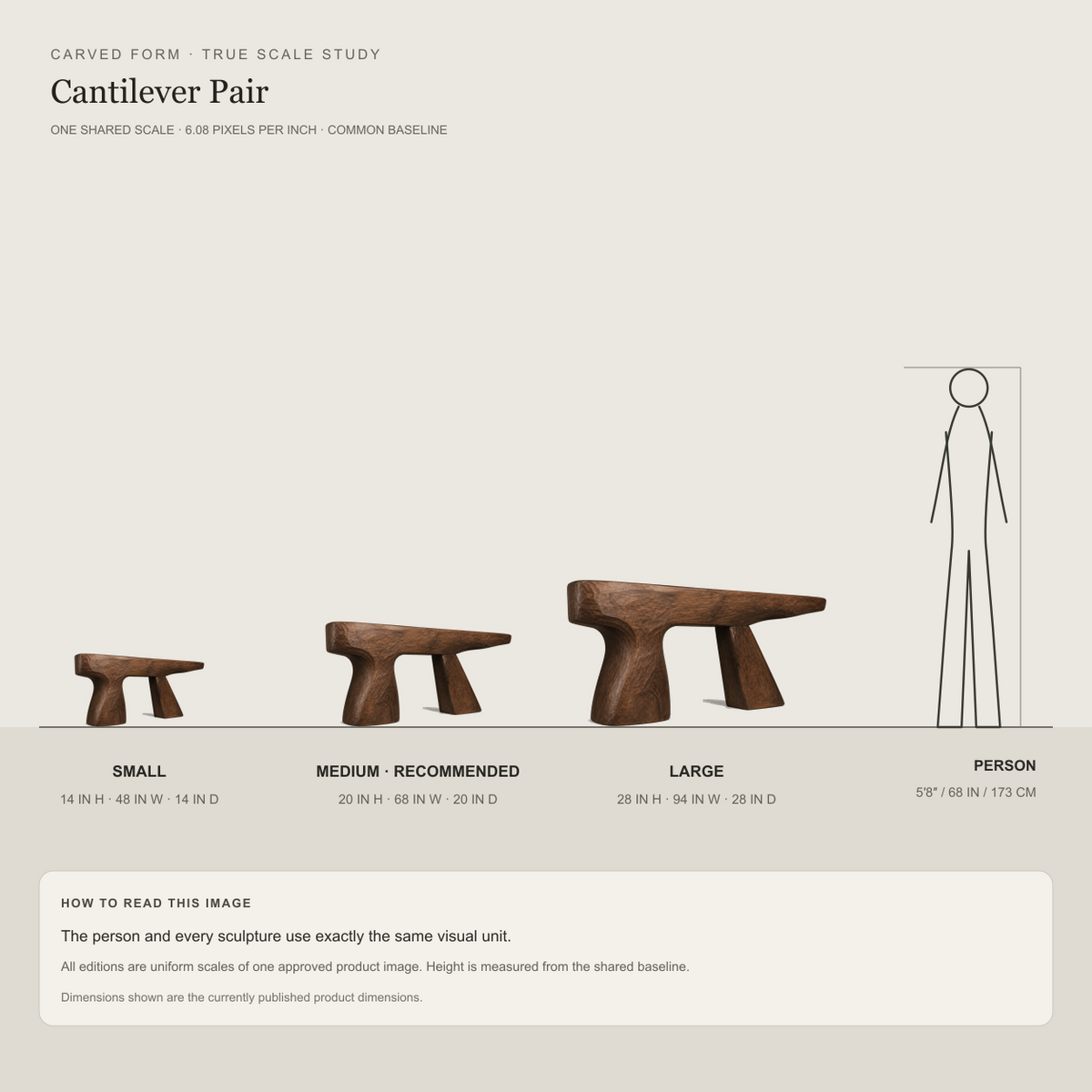 Cantilever Pair, teak wood console sculpture — size and scale study