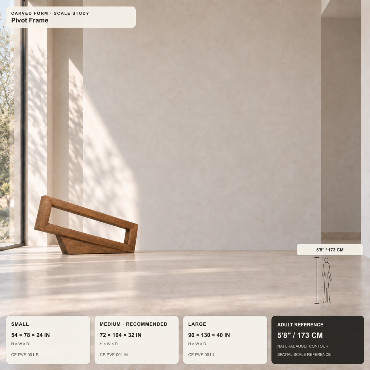 Pivot Frame, teak wood floor sculpture — size and scale study