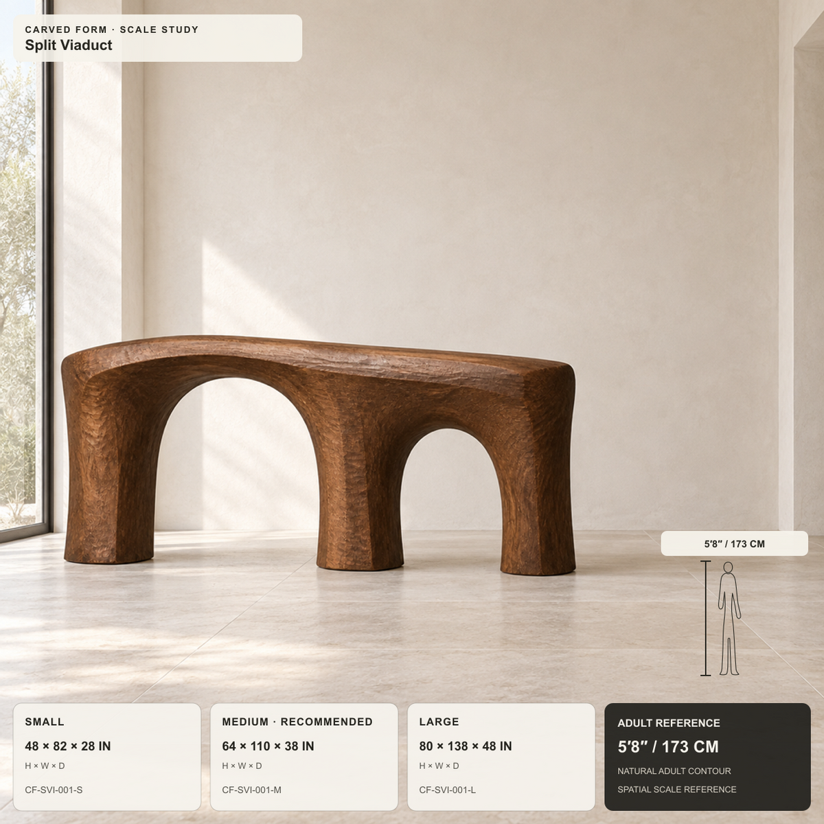 Split Viaduct, teak wood floor sculpture — size and scale study