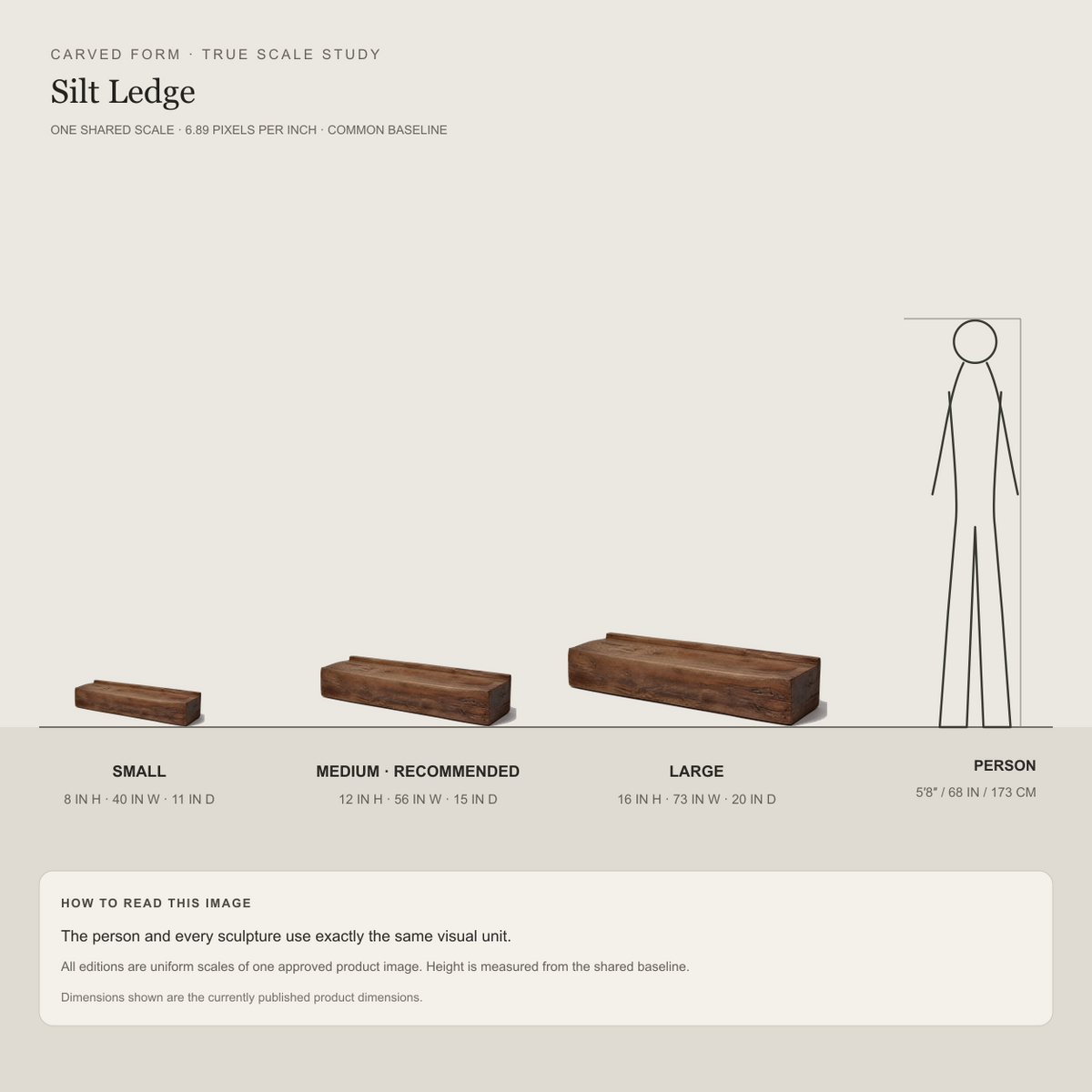 Silt Ledge, teak wood console sculpture — size and scale study