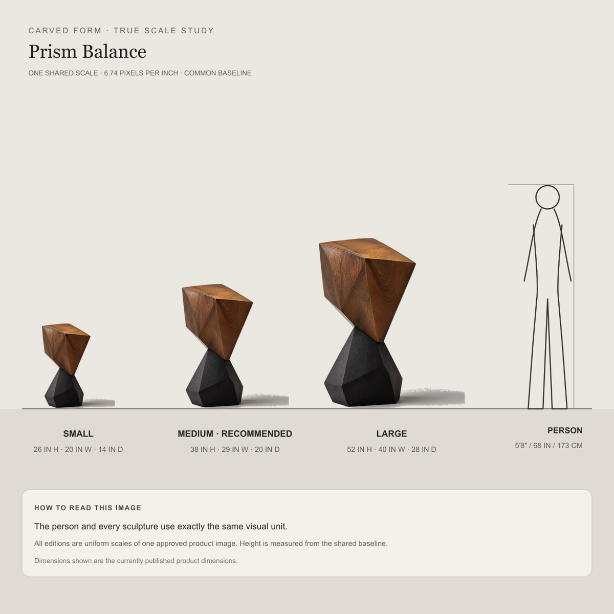 Prism Balance, abstract teak wood sculpture — size and scale study