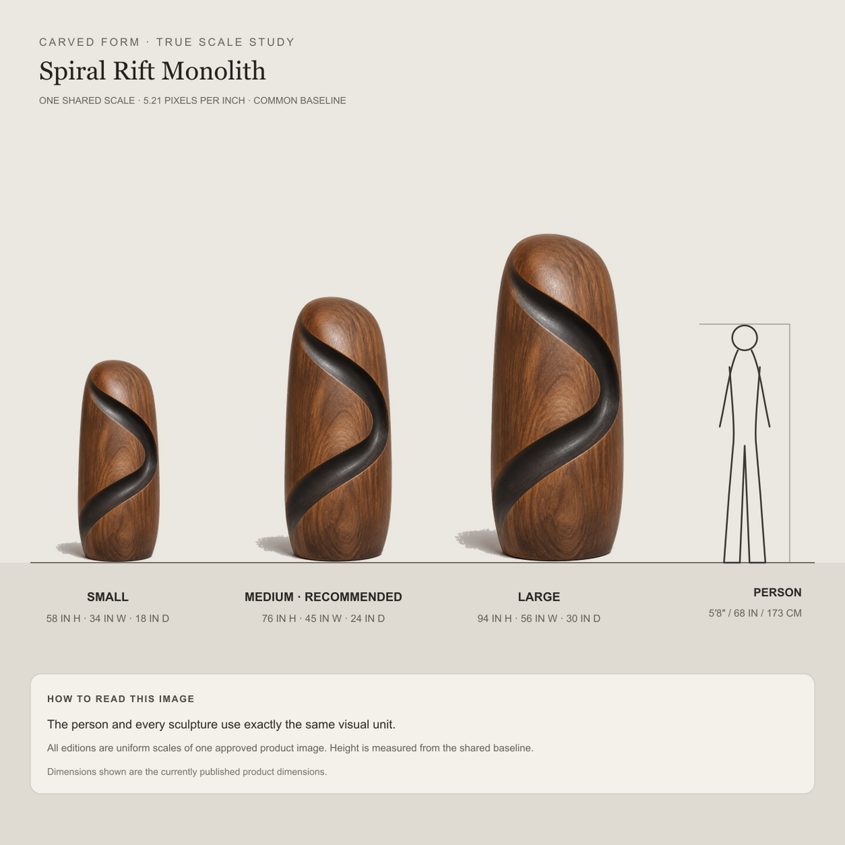 Spiral Rift Monolith, teak wood floor sculpture — size and scale study