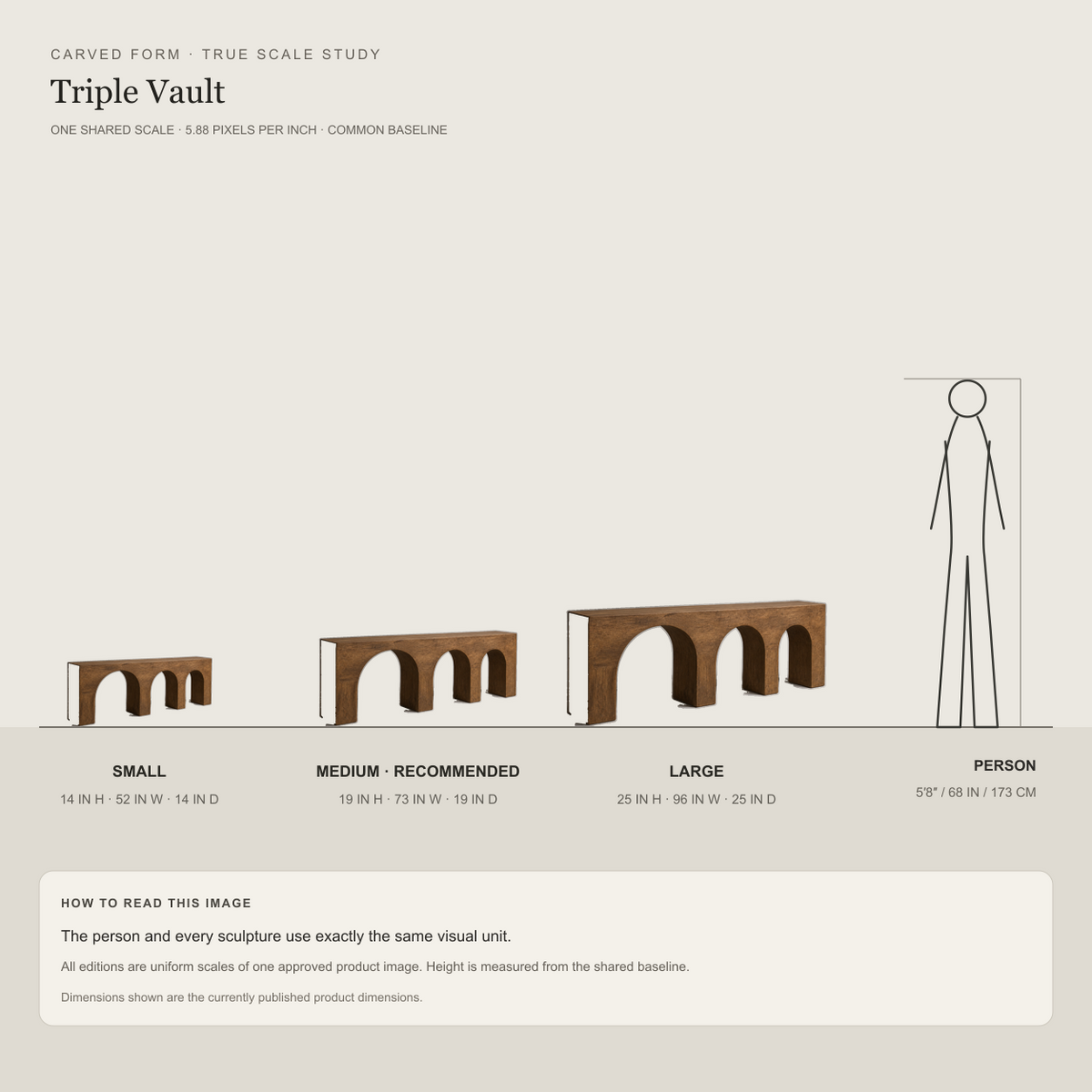 Triple Vault, teak wood console sculpture — size and scale study