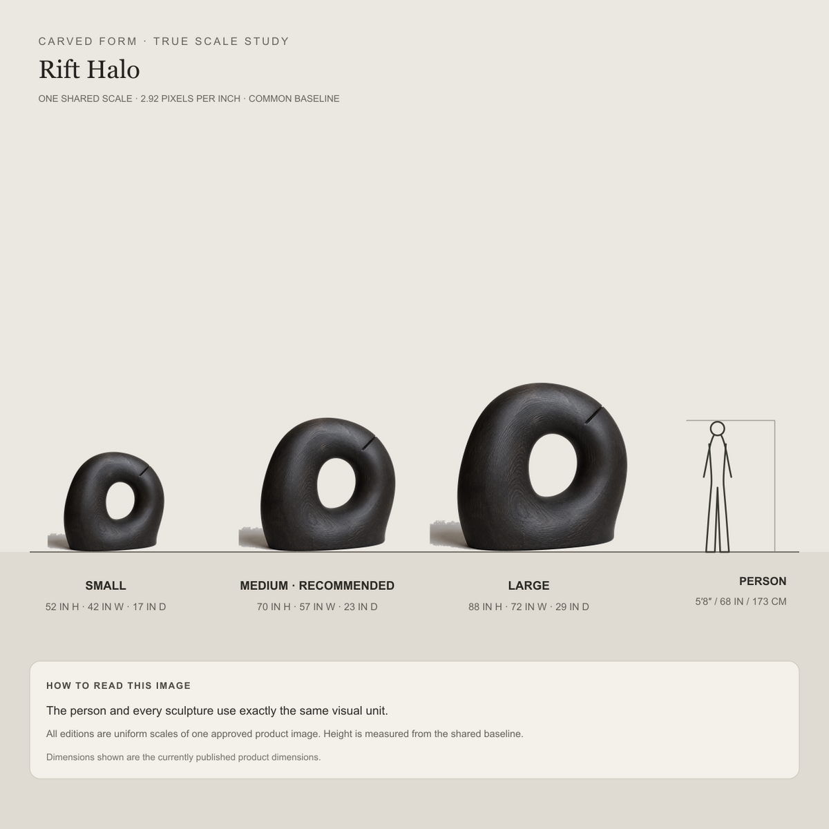 Rift Halo, teak wood floor sculpture — size and scale study