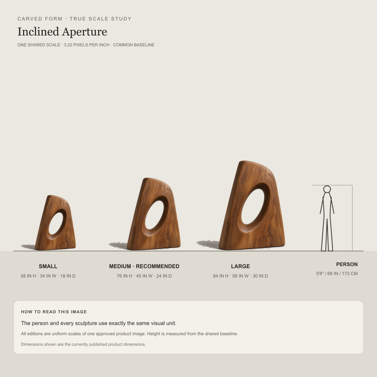 Inclined Aperture, teak wood floor sculpture — size and scale study