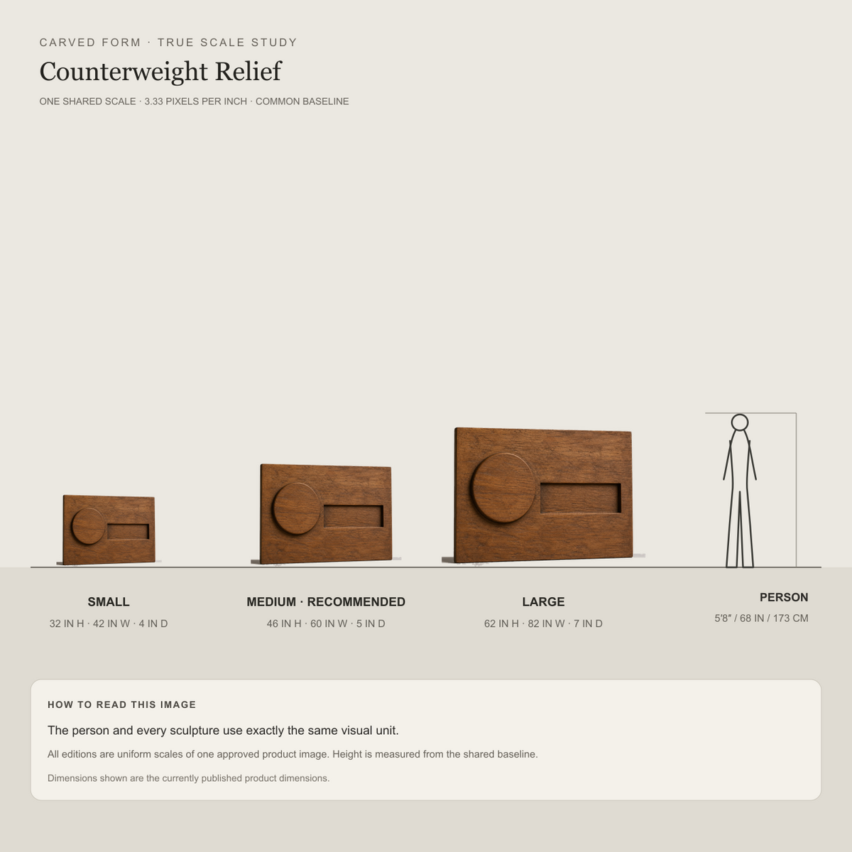 Counterweight Relief, carved teak wood wall art — size and scale study
