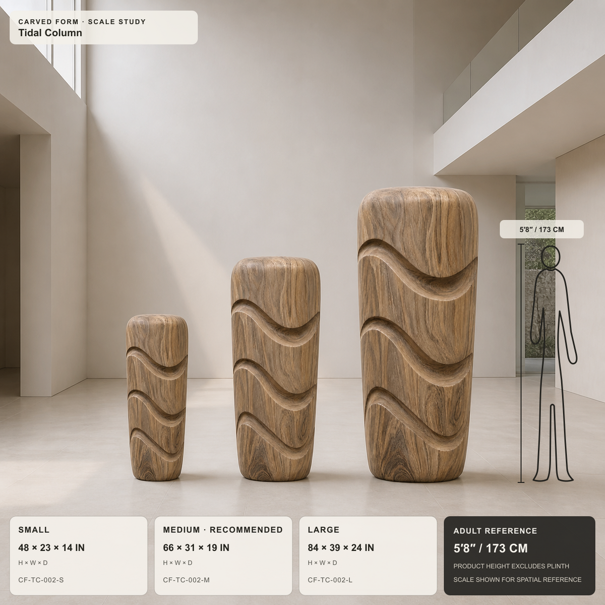 Tidal Column, teak wood floor sculpture — size and scale study