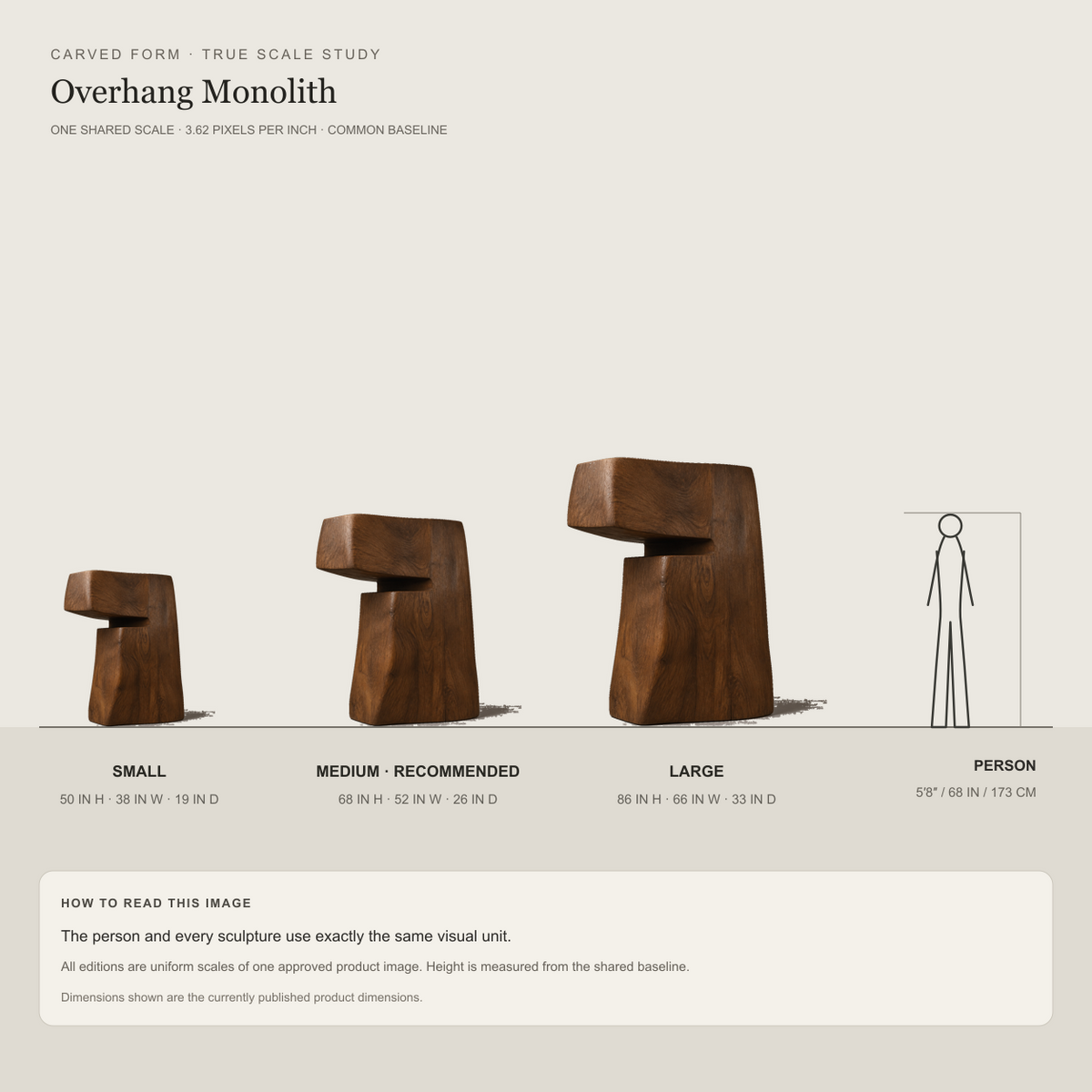 Overhang Monolith, teak wood floor sculpture — size and scale study