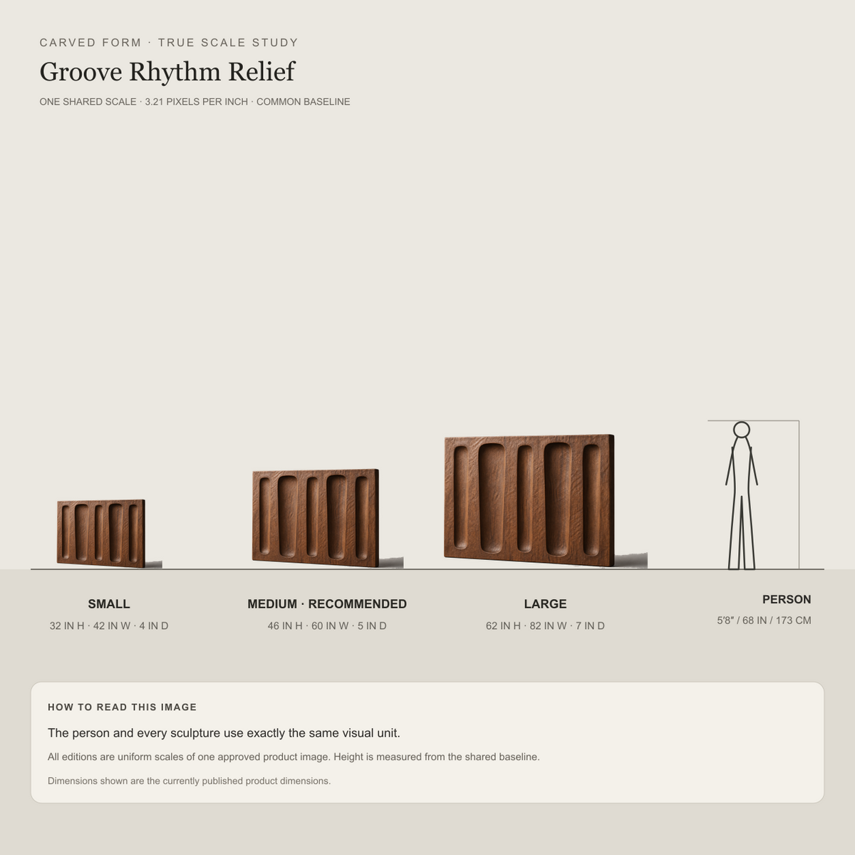 Groove Rhythm Relief, carved teak wood wall art — size and scale study