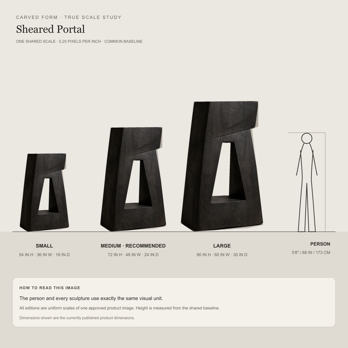 Sheared Portal, teak wood floor sculpture — size and scale study
