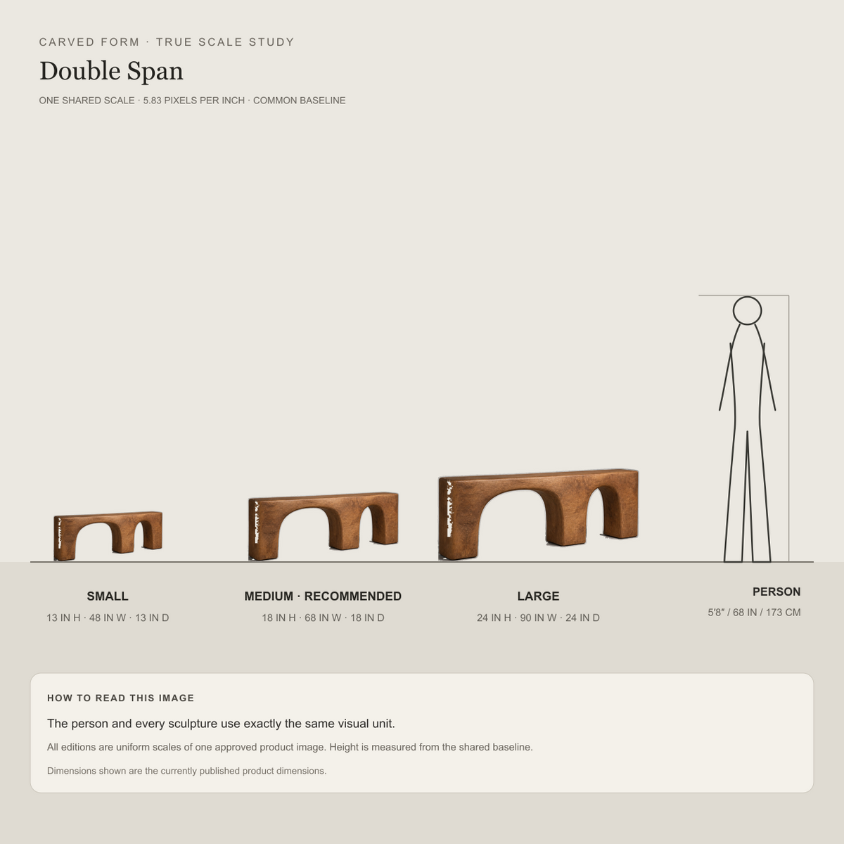 Double Span, teak wood console sculpture — size and scale study