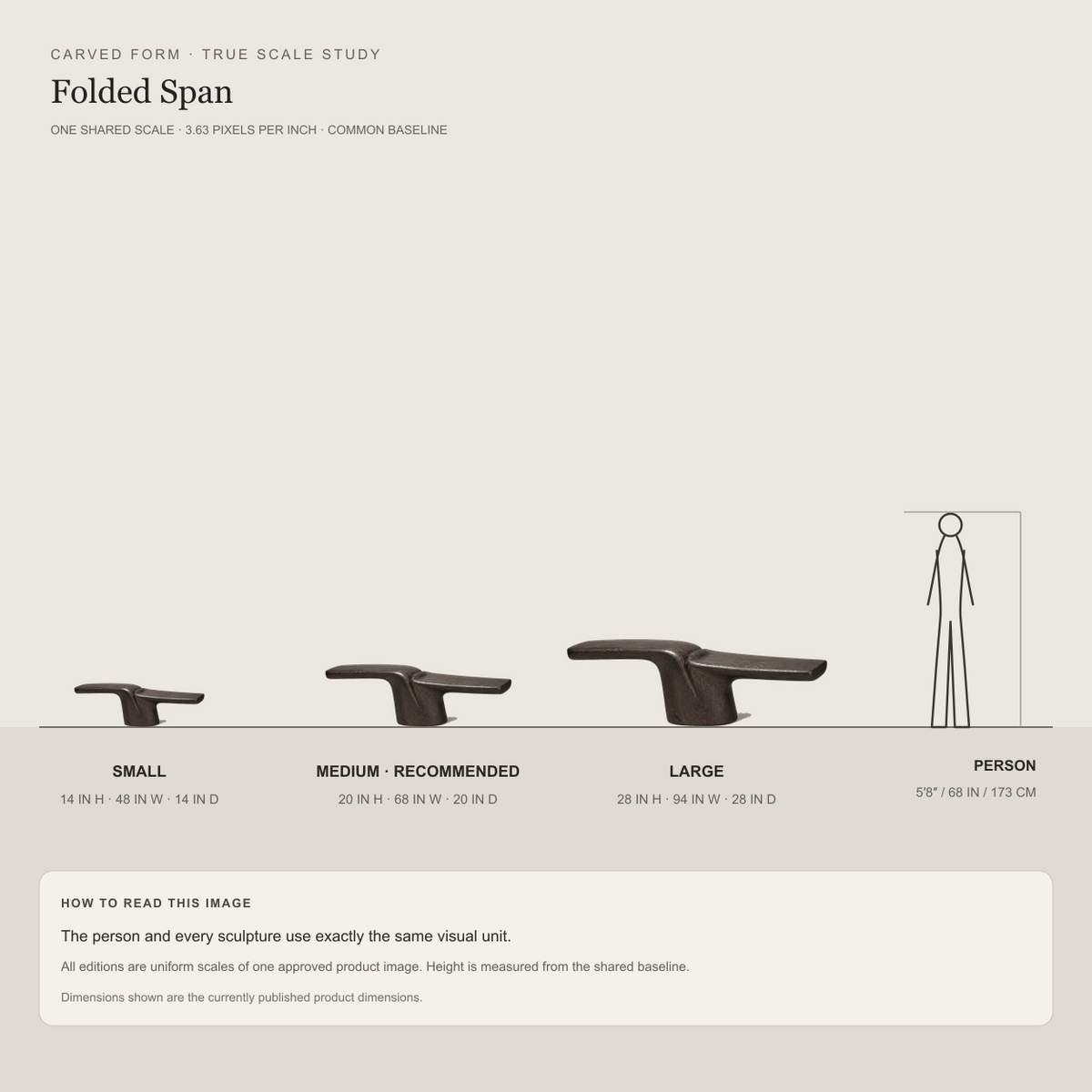 Folded Span, teak wood console sculpture — size and scale study