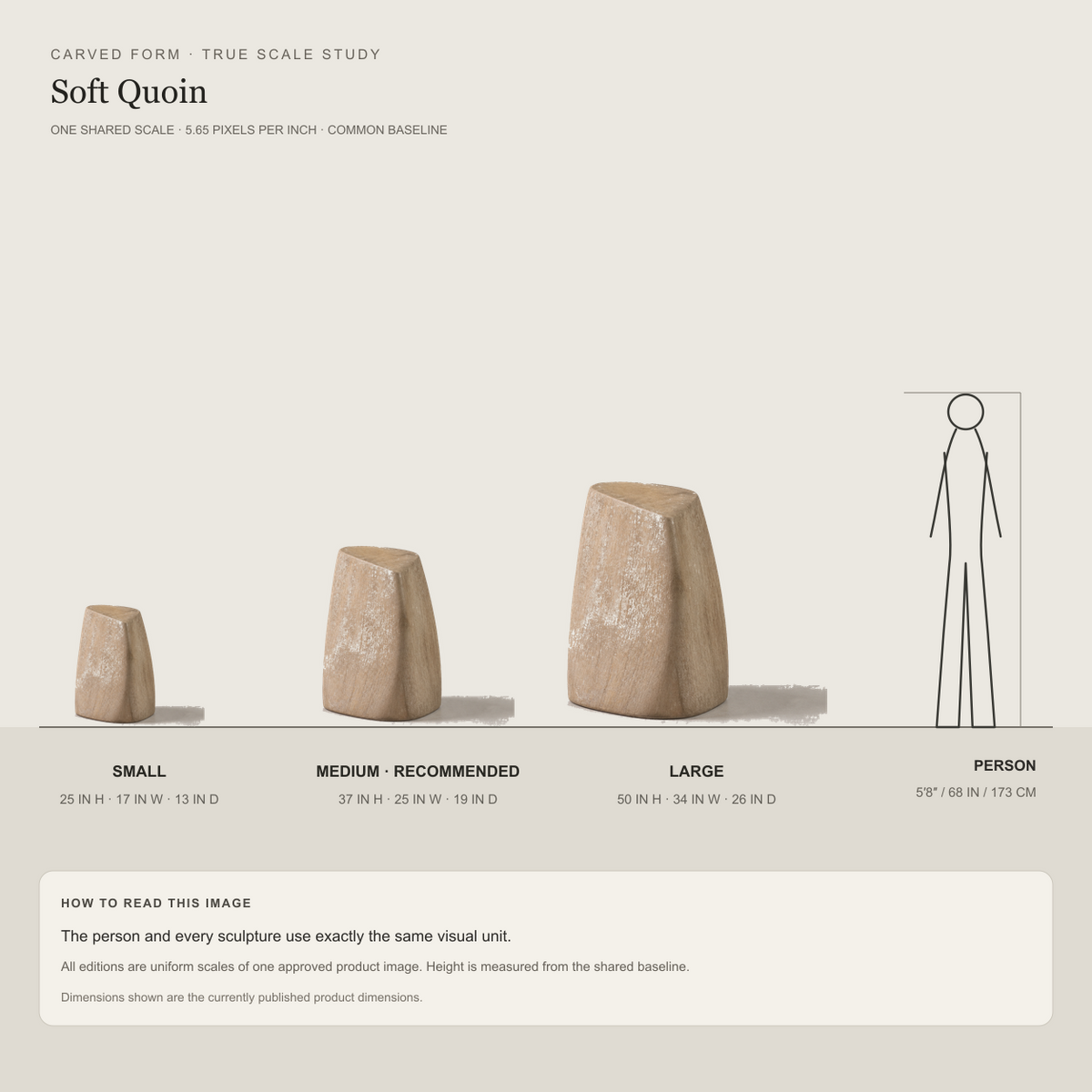 Soft Quoin, abstract teak wood sculpture — size and scale study