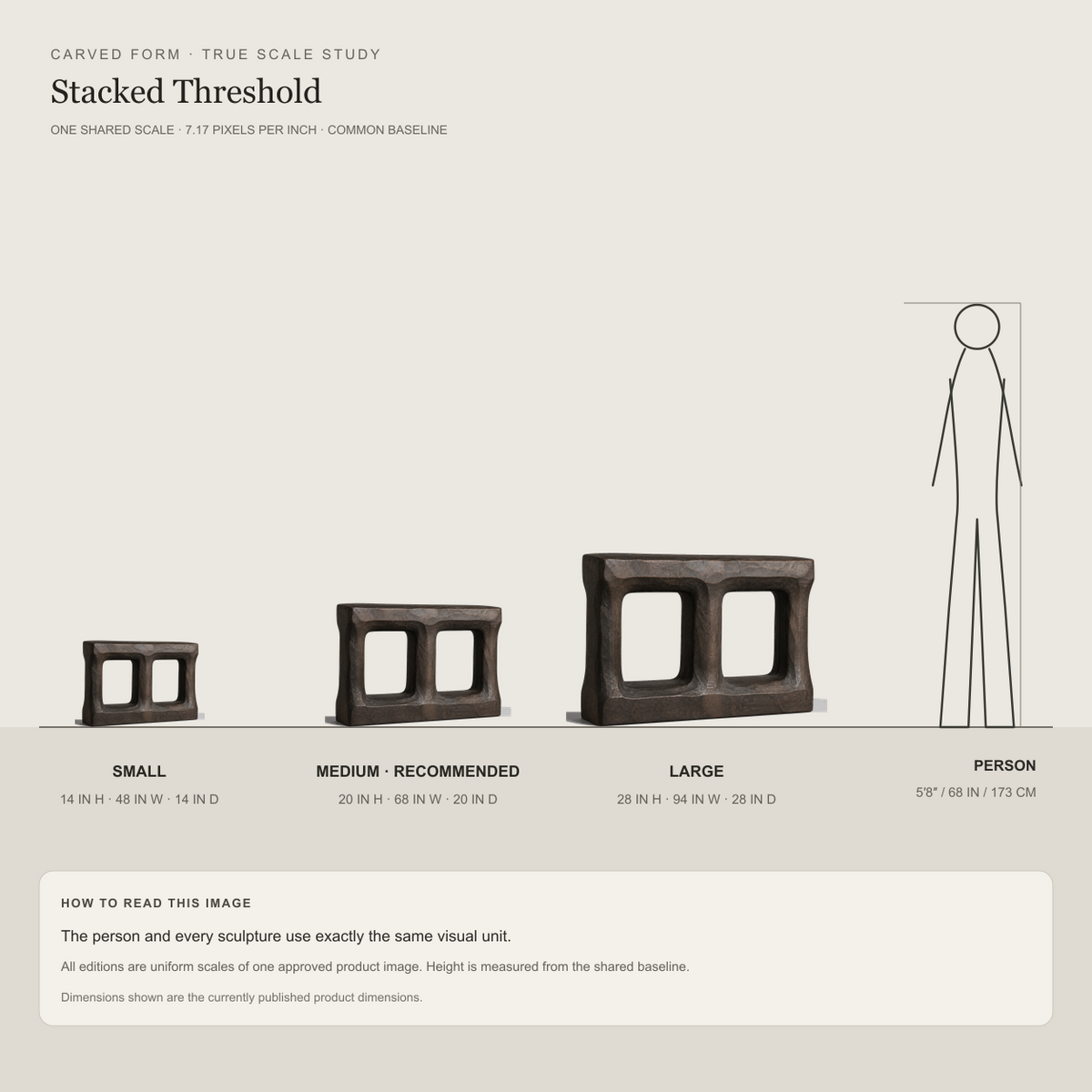 Stacked Threshold, teak wood console sculpture — size and scale study